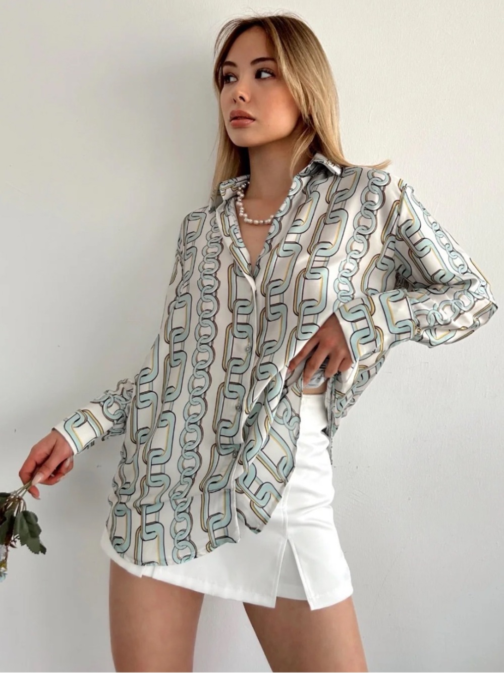 Philosophy XS TP Satiny Chainlink Button Down Long Sleeve Blouse